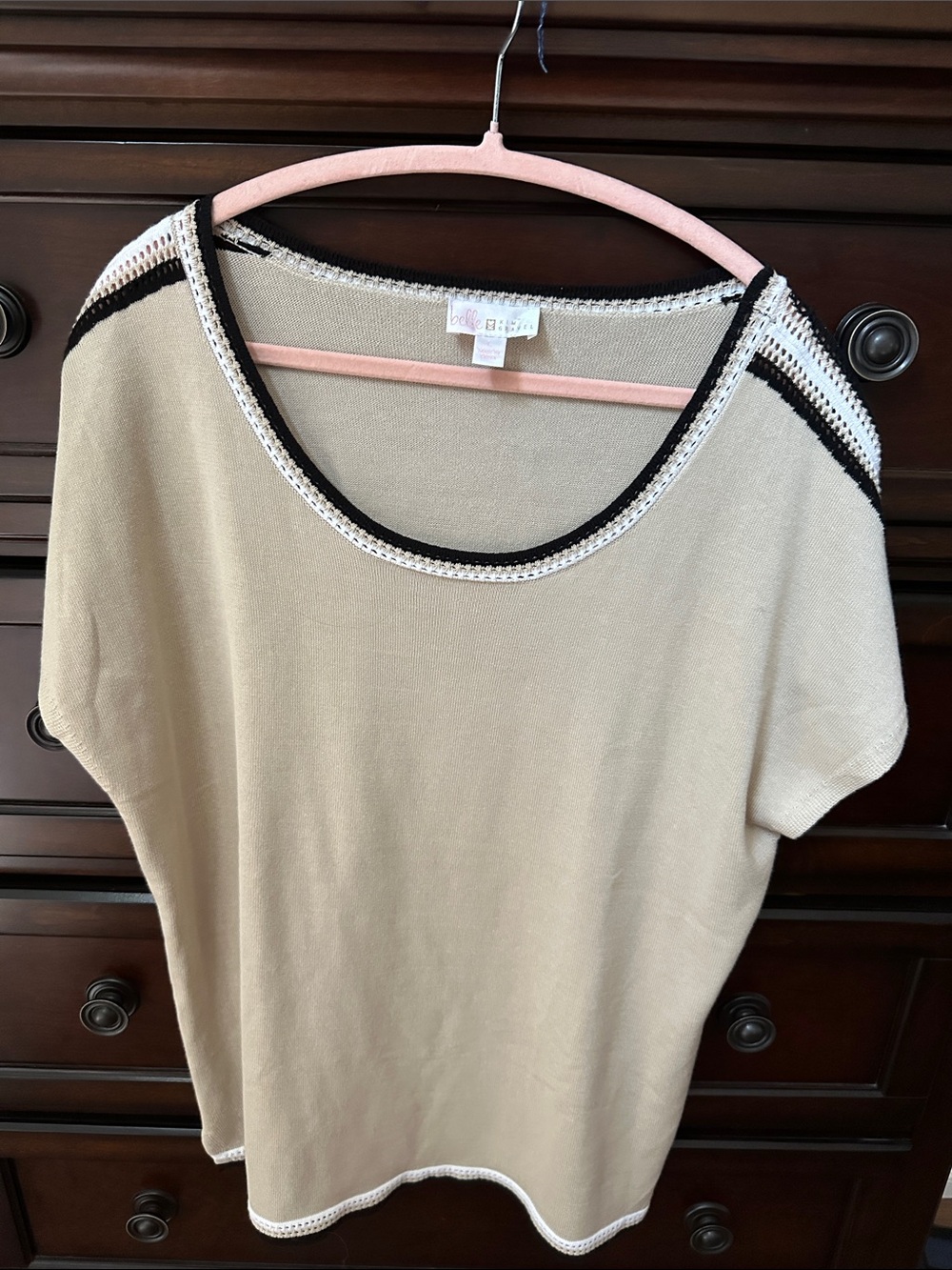 Belle by Kim Gravel Beige Short Sleeve Knit Top with Black & White Trim